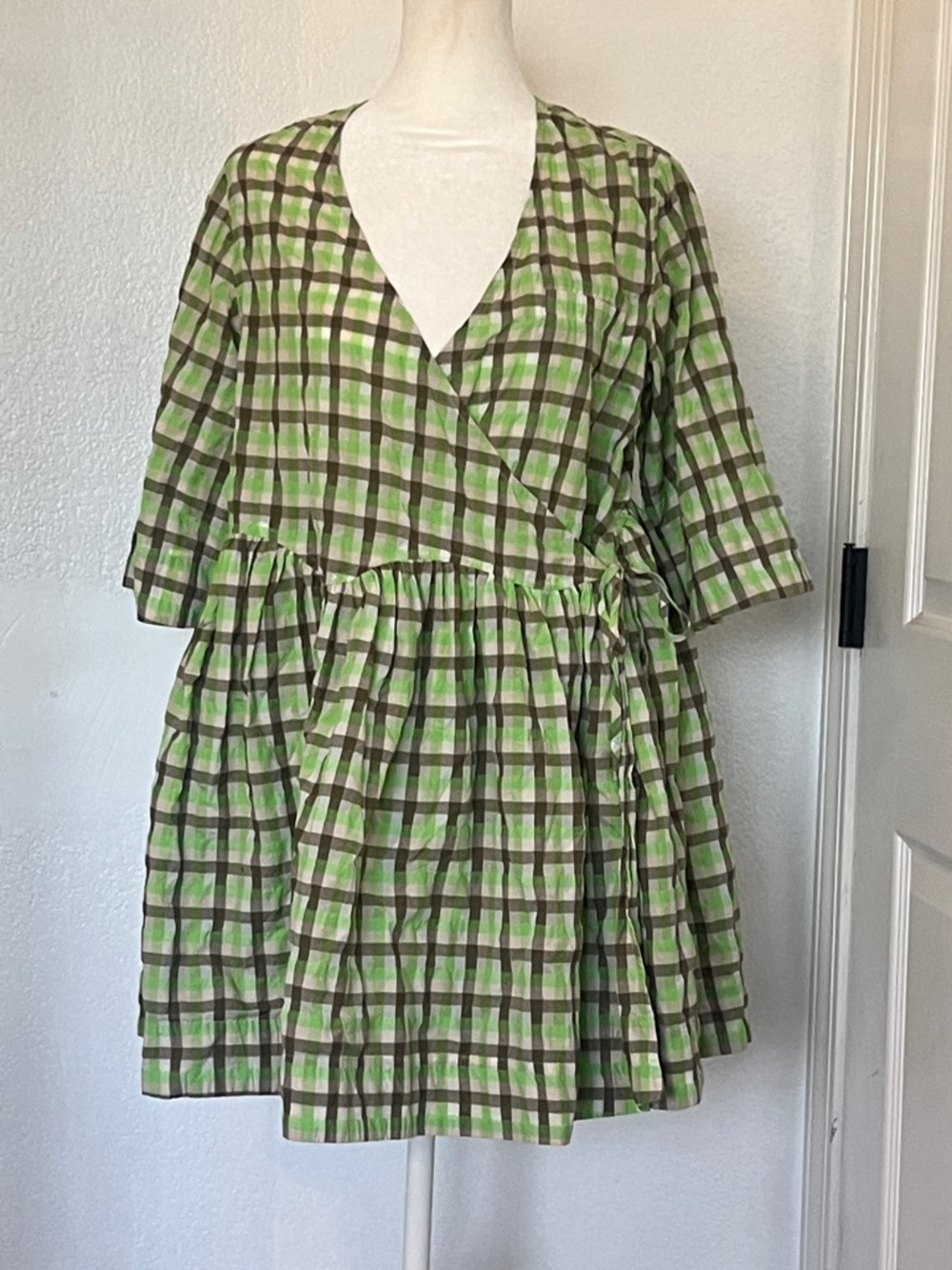 Ganni Seersucker Green and Brown Plaid Mini Dress XXS/XS